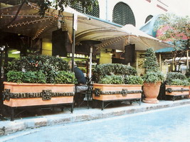 spanish mission style cafe planter troughs, wrought iron stand and rings, aged terracotta semi formal finish