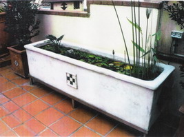 Planter water feature trough with tile relief and stainless steel stand, off white semi formal finish