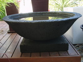 medium size garden water bowl on base, black lava stone finish