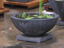 medium size garden water bowl with base, black lava stone finish
